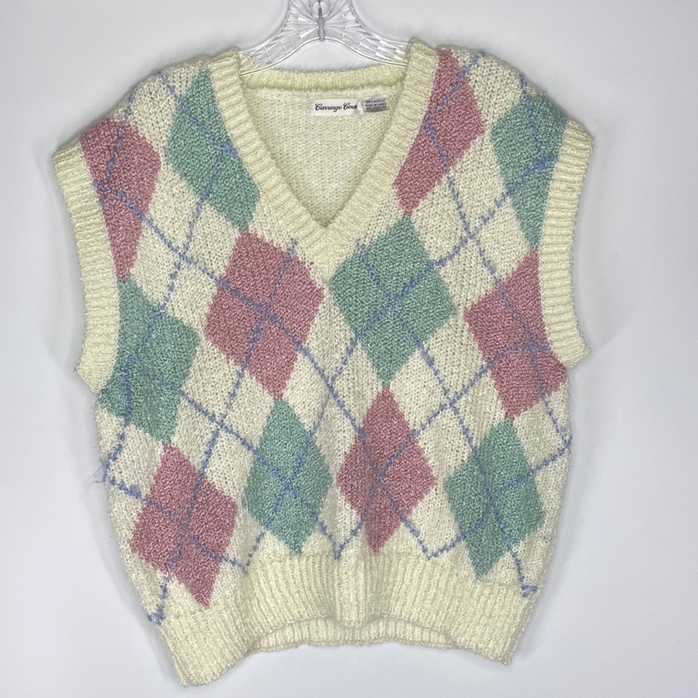 Vintage Carriage Court Pastel Sweater Vest Pink Green White Size Large Korea